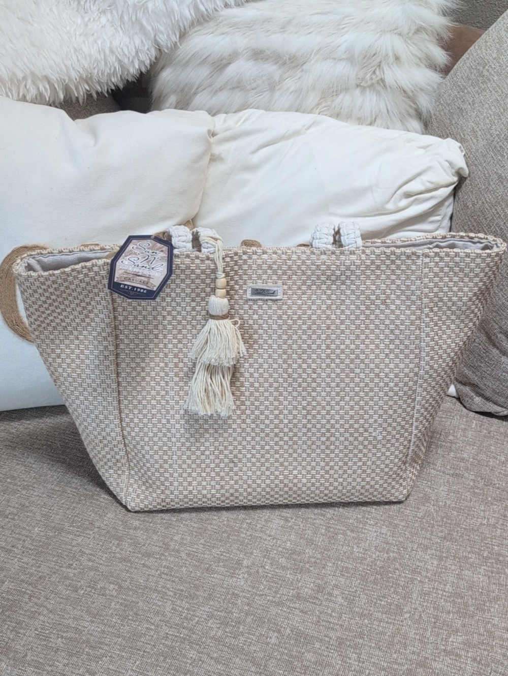 Neutral Woven Tote Bag with Tassel Accent